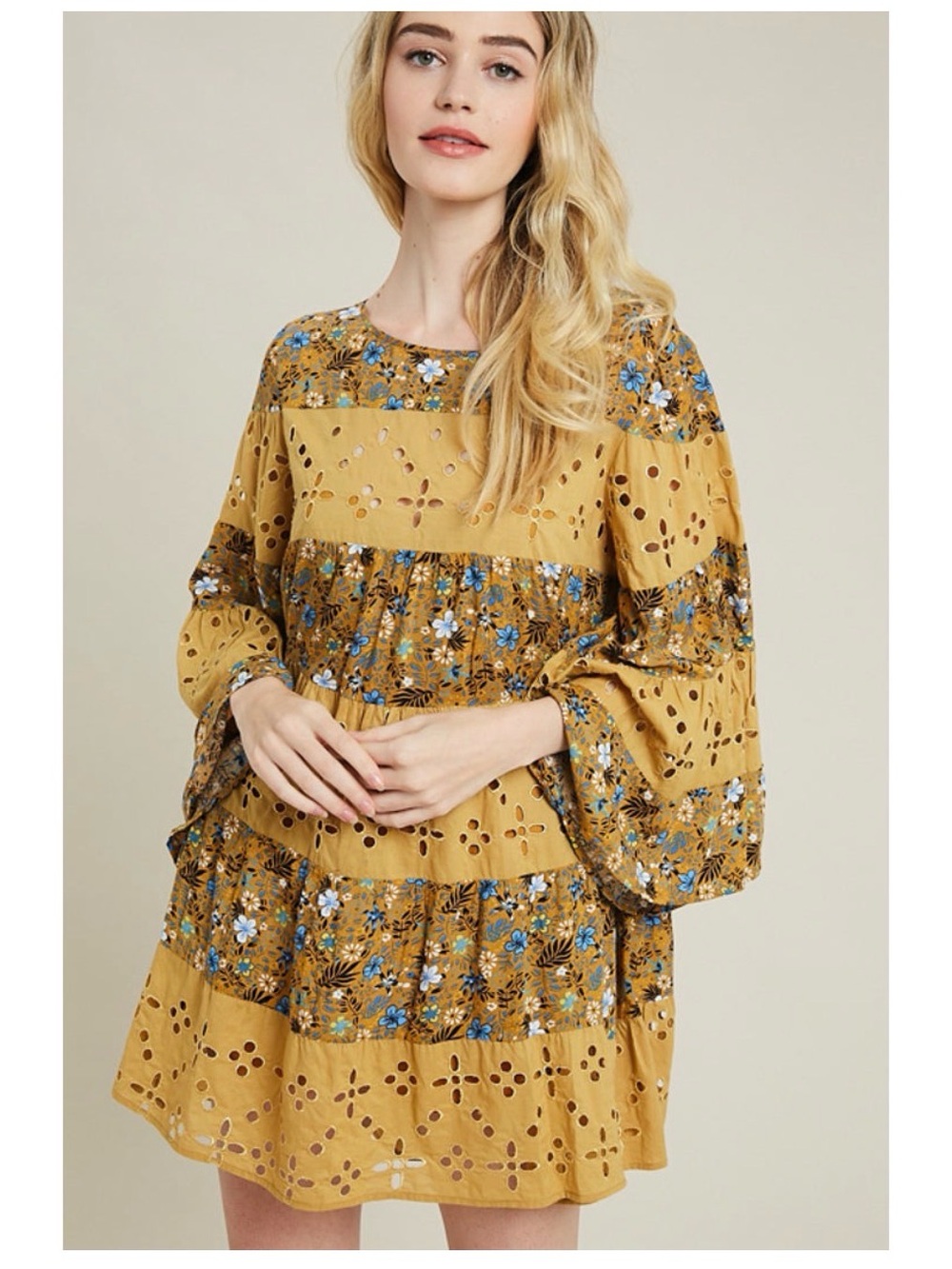 Women’s Sz M Mustard Floral Eyelet Tiered Boho Cottagecore Tunic Dress